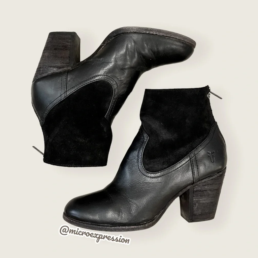 Frye Tessa Zip Short Black Suede Real Leather Zip Up Heeled Round Toe Ankle Boot - Picture 1 of 11